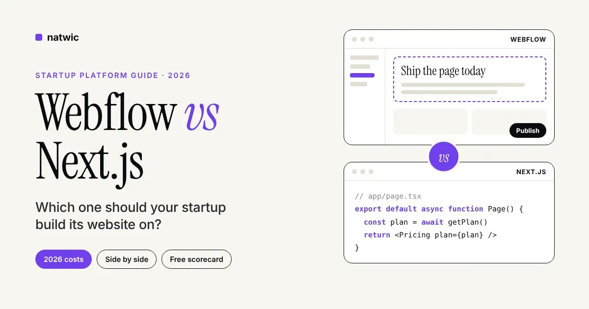 Off-white cover reading Webflow vs Next.js, beside a visual editor mockup and a Next.js code card and a violet vs badge