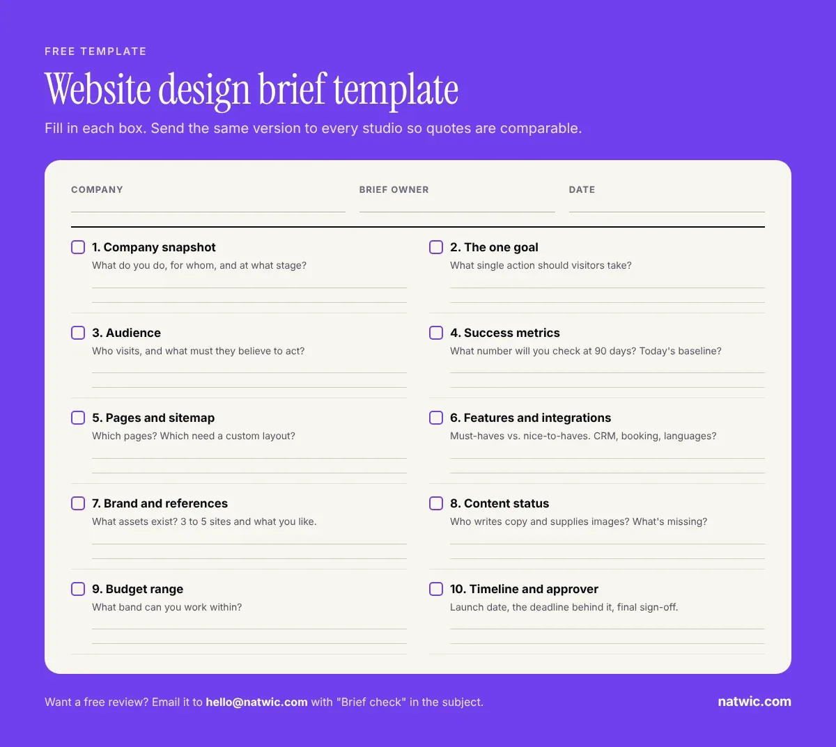 Free one-page website design brief template with 10 fill-in sections for startups and small businesses