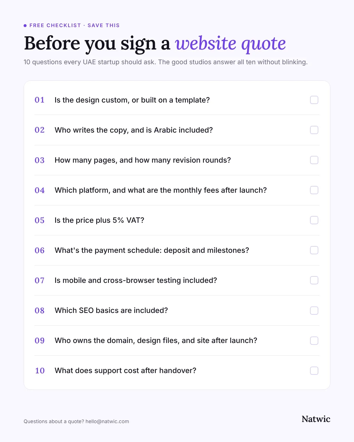Checklist of 10 questions to ask before signing a website design quote in the UAE