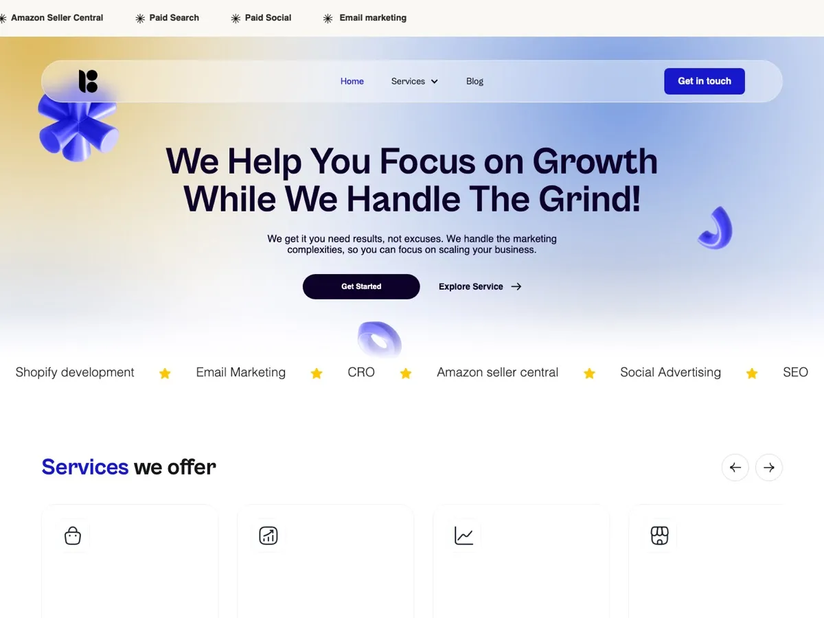 Breakthirty homepage with the headline about focusing on growth and a row of marketing services