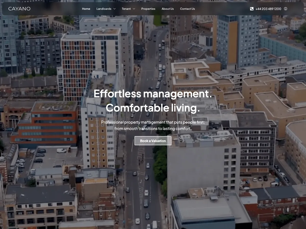 Cayano homepage with an aerial view of London and a Book a Valuation button