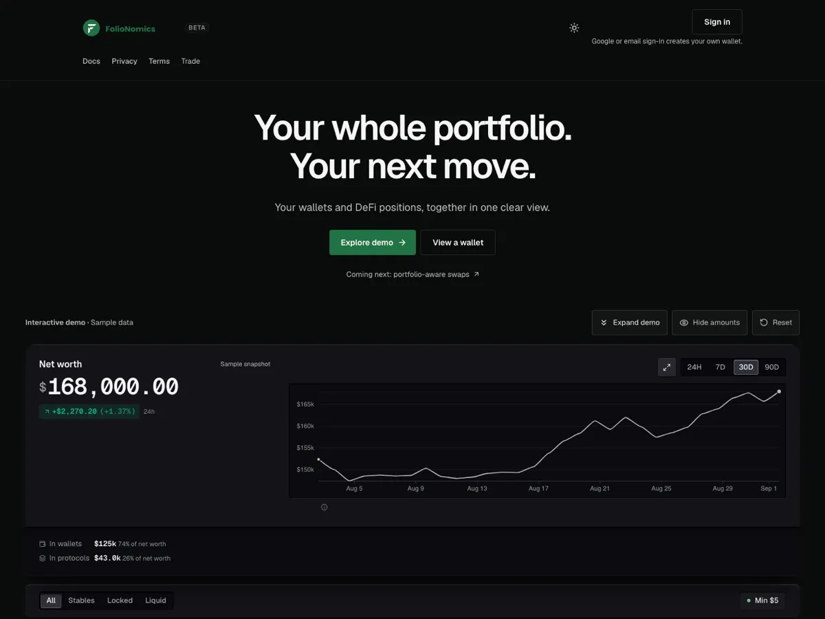 Folionomics homepage in a dark theme with an interactive demo charting portfolio net worth