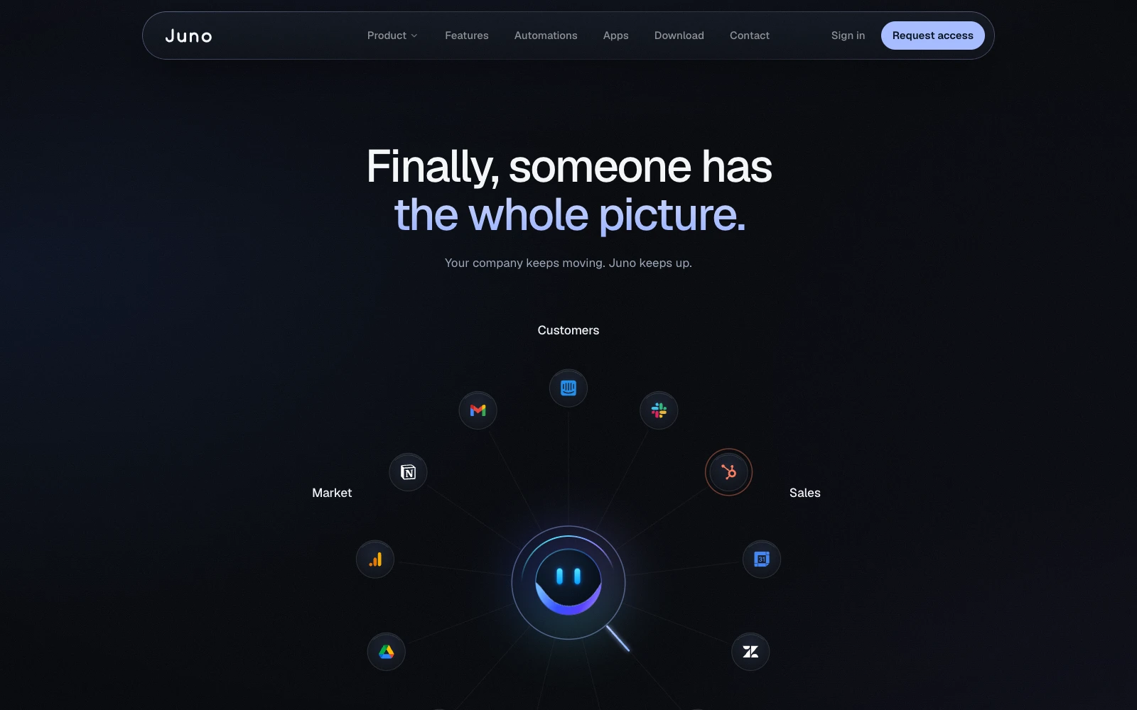The Juno mascot at the center of a ring of connected app icons, under the headline Finally, someone has the whole picture.