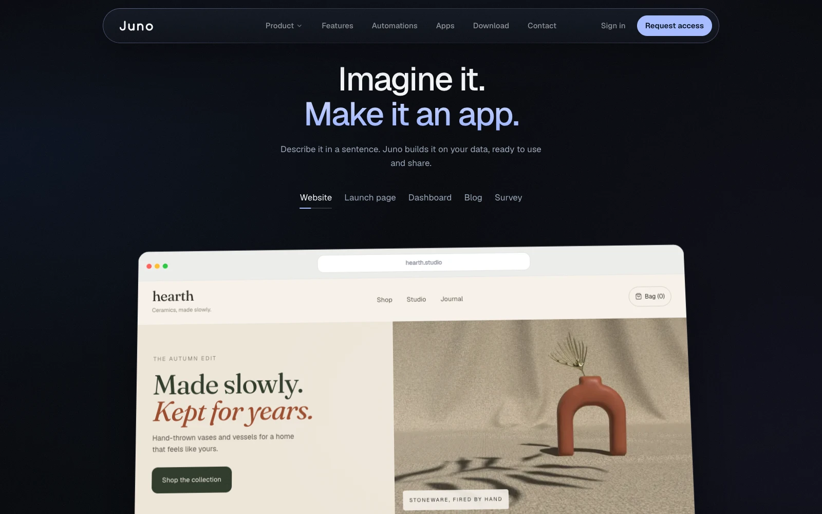 Imagine it. Make it an app: Juno turning a sentence into a working storefront.