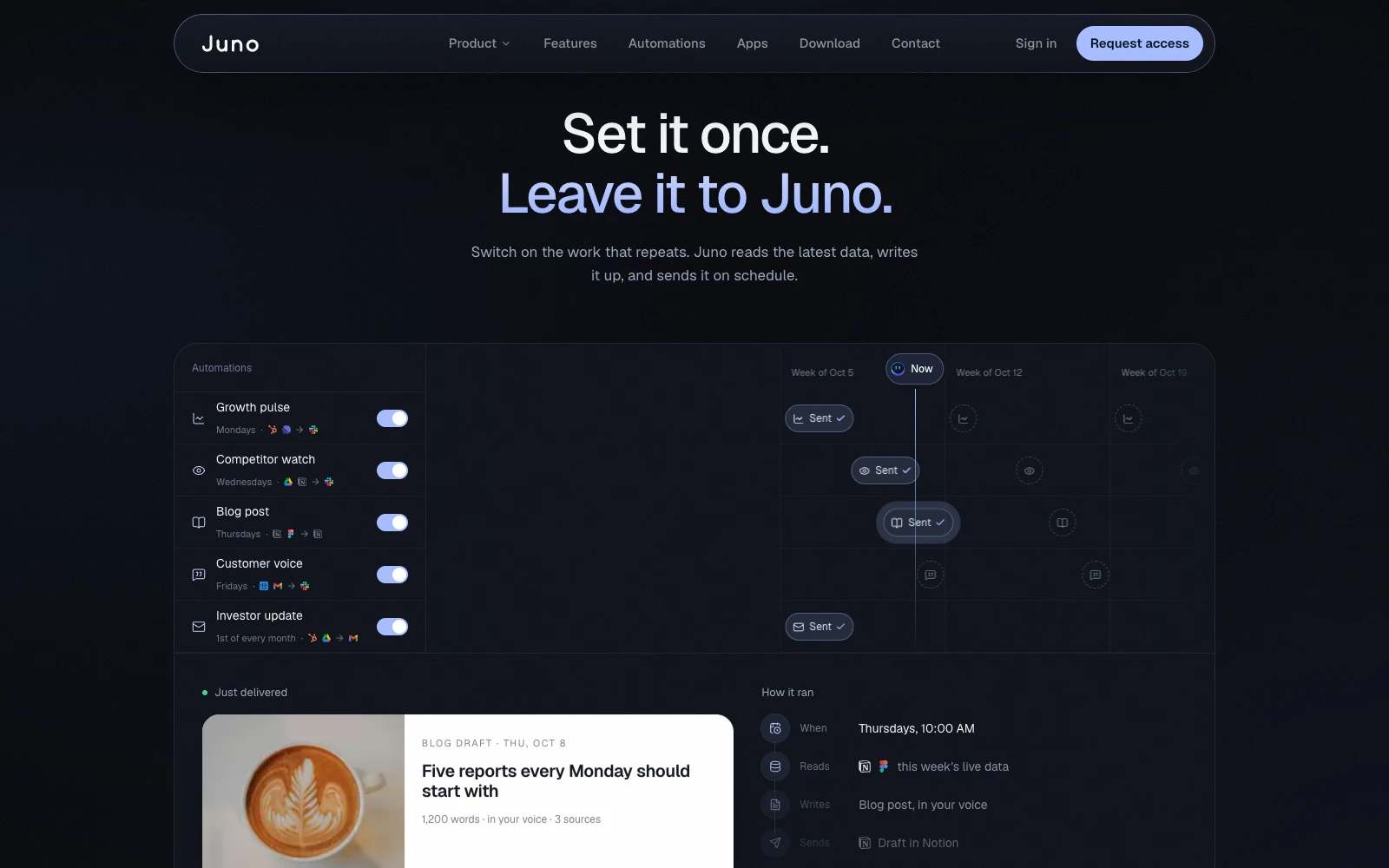 Set it once. Leave it to Juno: a schedule of automations and a delivered growth report.