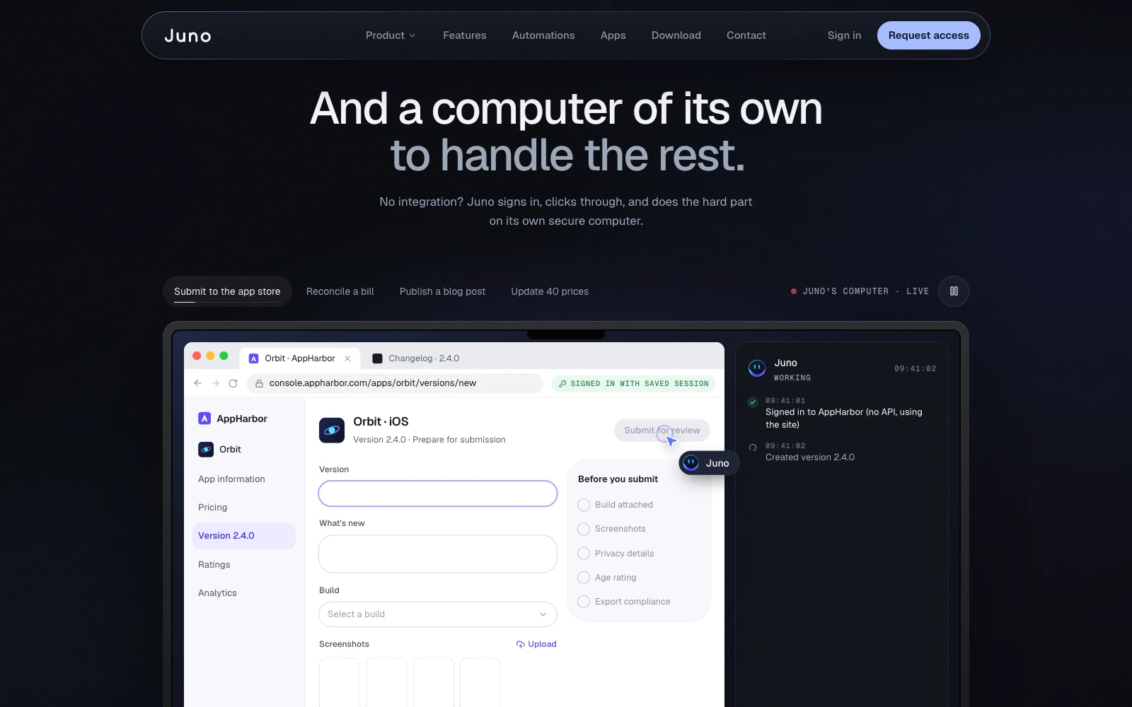 Juno working on its own computer, filling in an app store submission with a live activity log beside it.