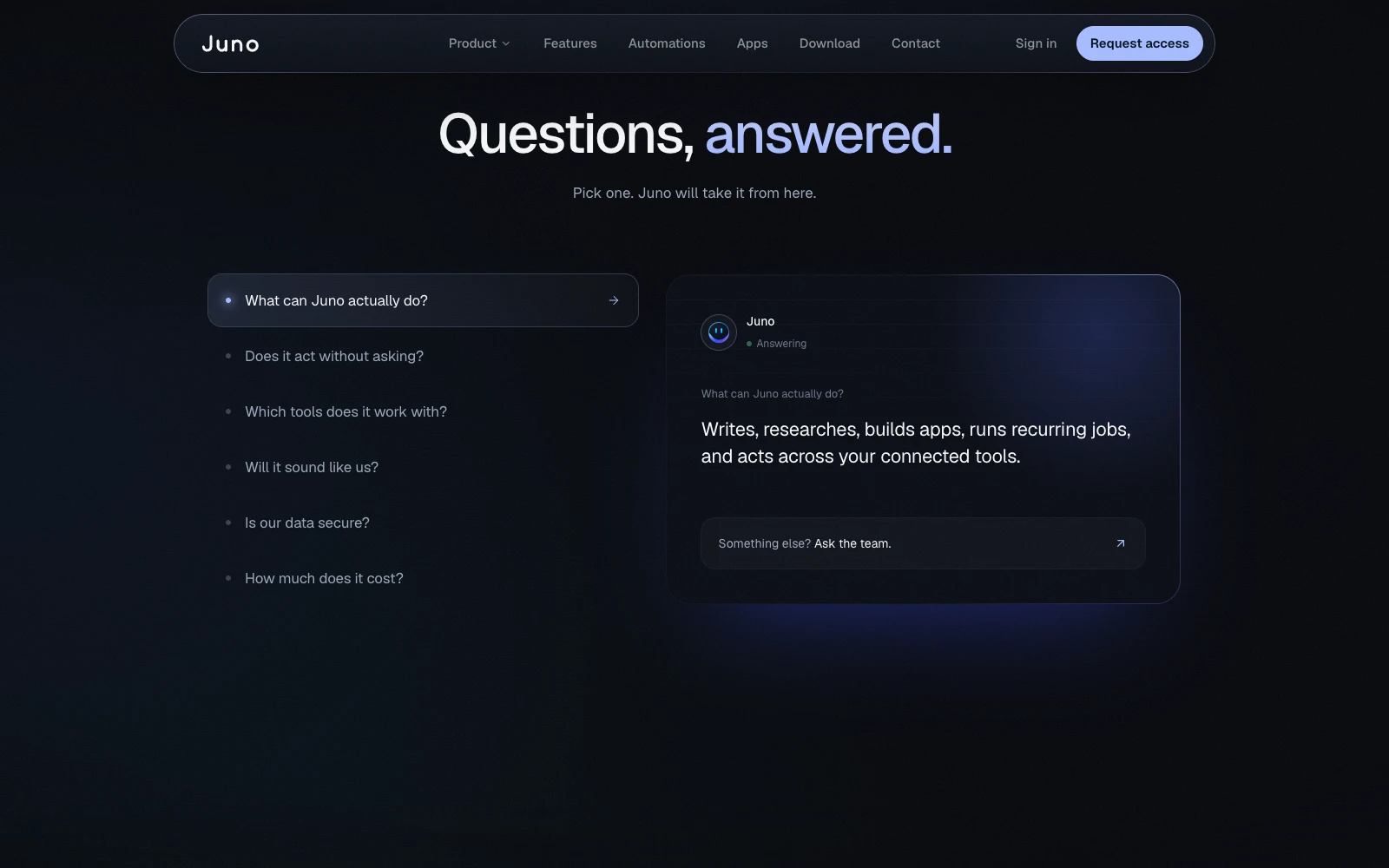 A list of questions on the left and Juno answering the selected one in a chat card on the right.