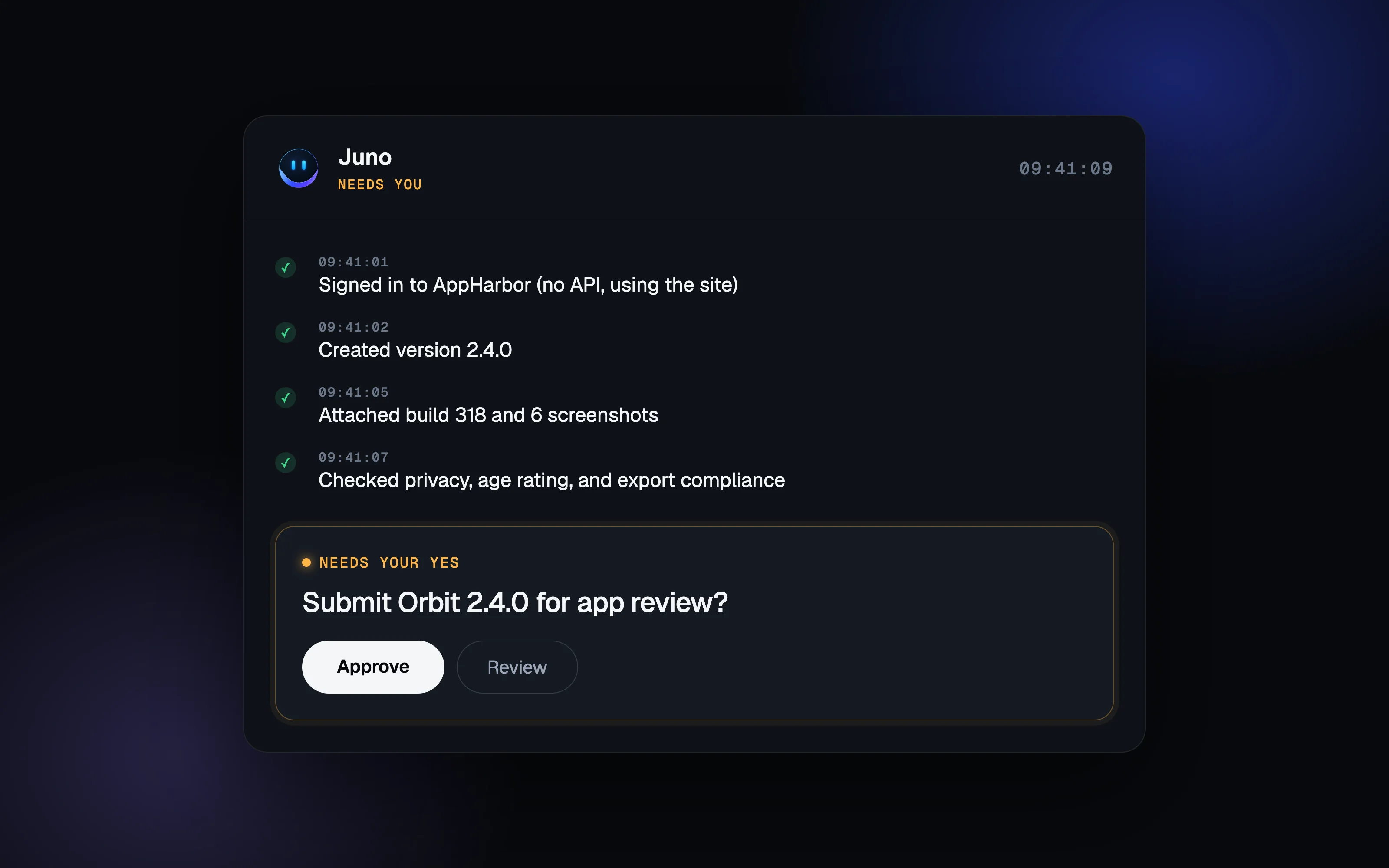Juno asking for approval before submitting an app.