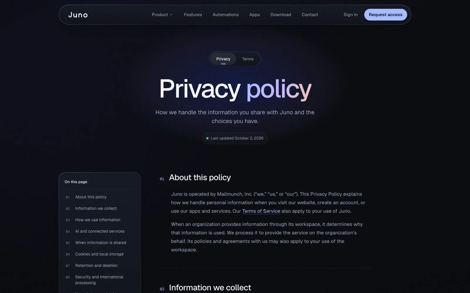 The Juno Privacy and Terms page: Privacy policy.