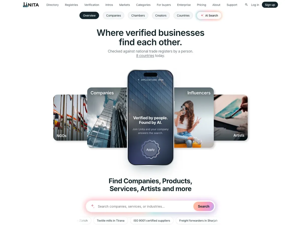 Unita homepage with an AI-assisted search bar for finding verified businesses